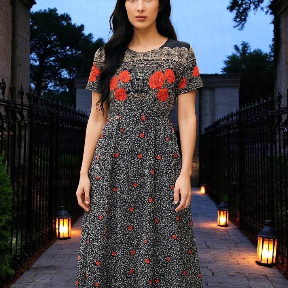 Floral Black & Red Midi Dress